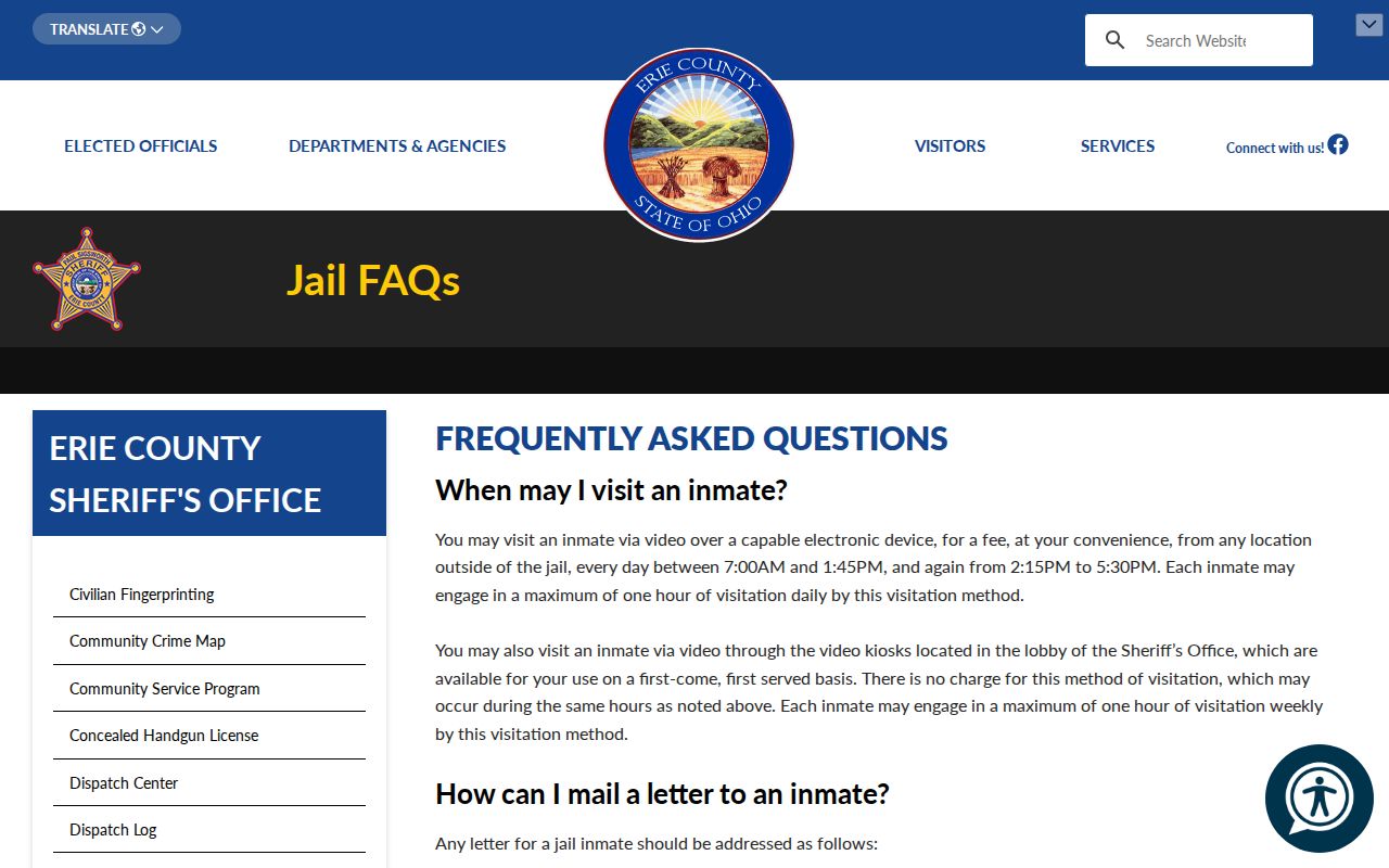 Erie County Jail release and transferred-property information on the official Jail FAQ