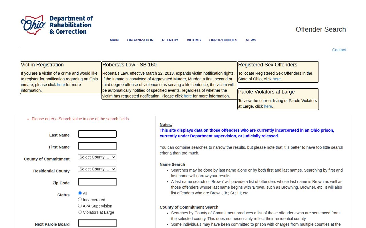Erie County released inmate status filters in the Ohio ODRC offender search